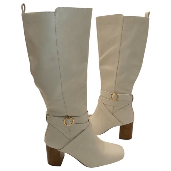 Liz Claiborne Cream Knee High Boots Gold Buckle Block Heel Riding Fall Winter 6. - Picture 1 of 9